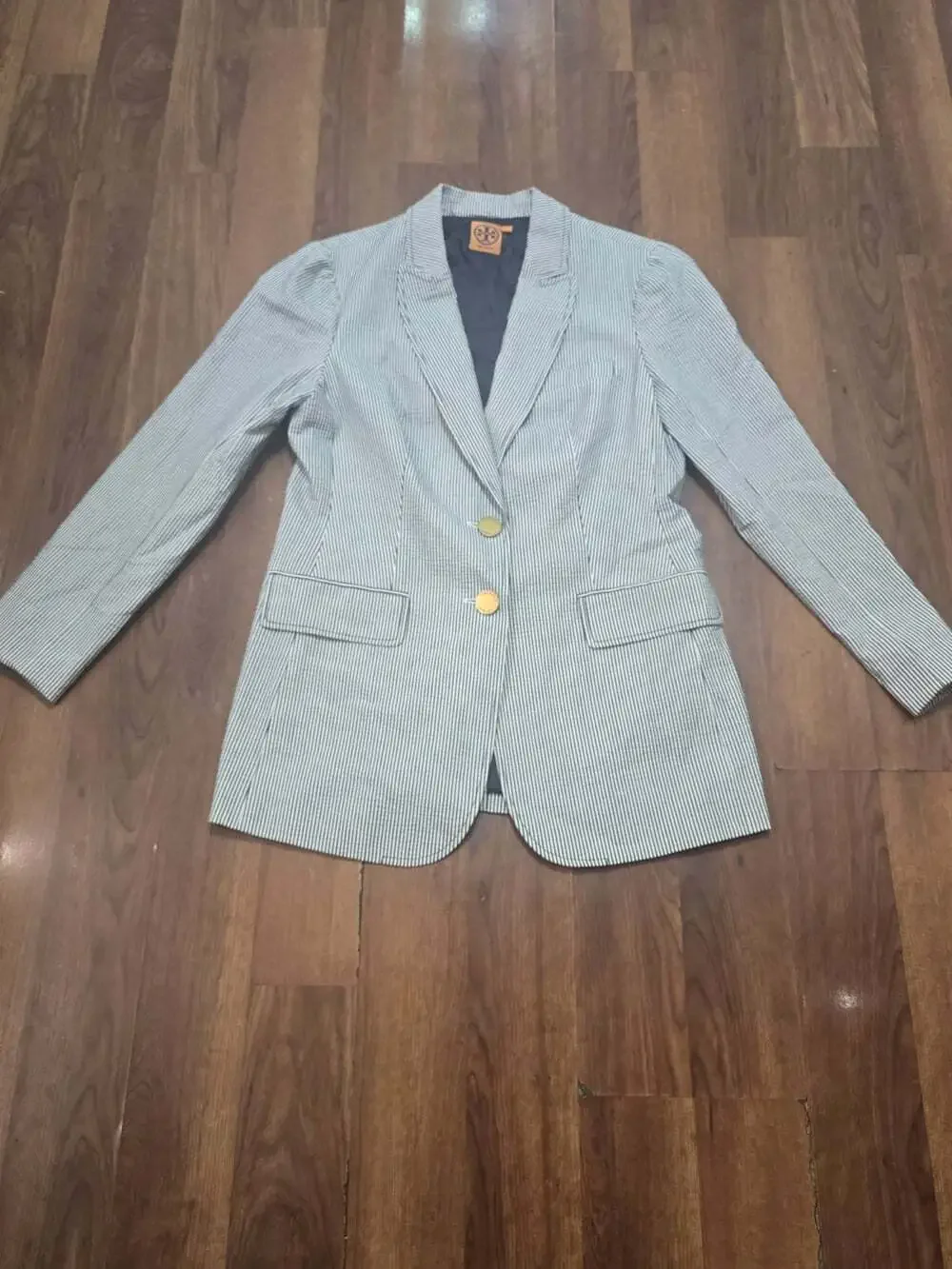 Tory Burch Navy & White Striped Seersucker Blazer Coastal Classic Notch lapel